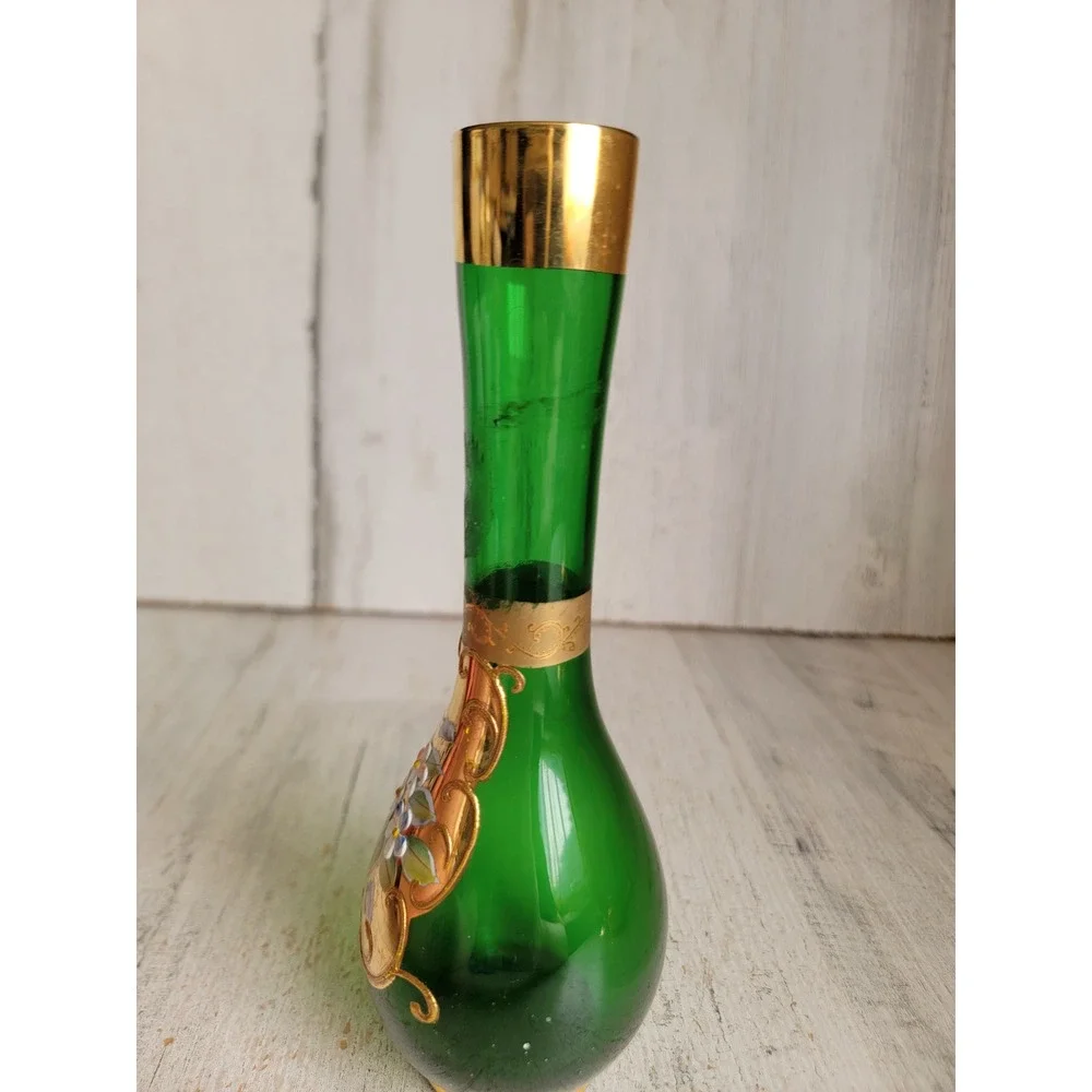 Bohemian Czech flower bud green vase glass Floral centerpiece Unique Home